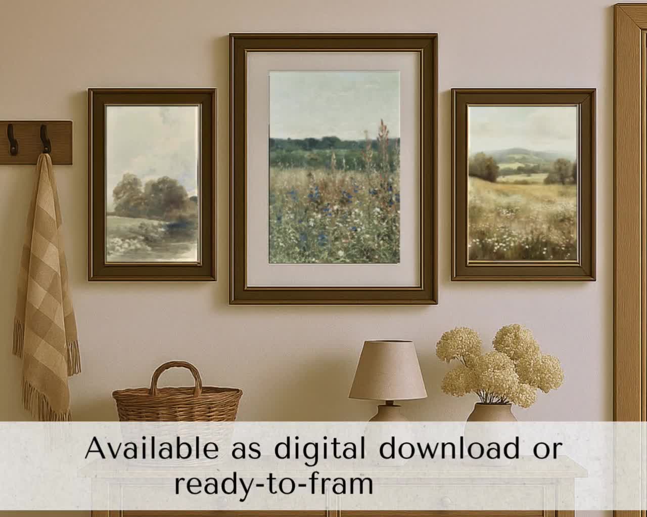 Country Landascape 3 Pieces Vintage Wall Art, Countryside Field